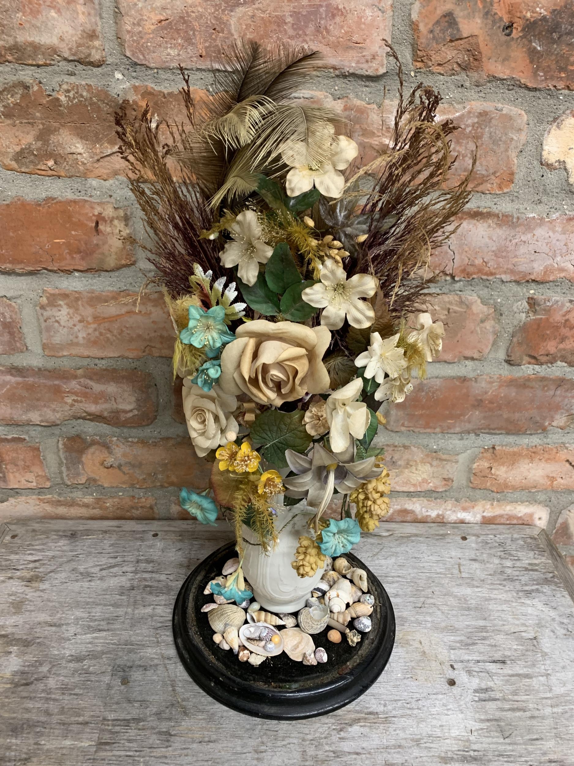 Victorian diorama of fabric flowers in a bisque baluster vase on a bed of shells, under a good - Image 2 of 4