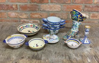 Assortment of vintage Faience hand painted pottery to include bowls, candlesticks and unusual boot