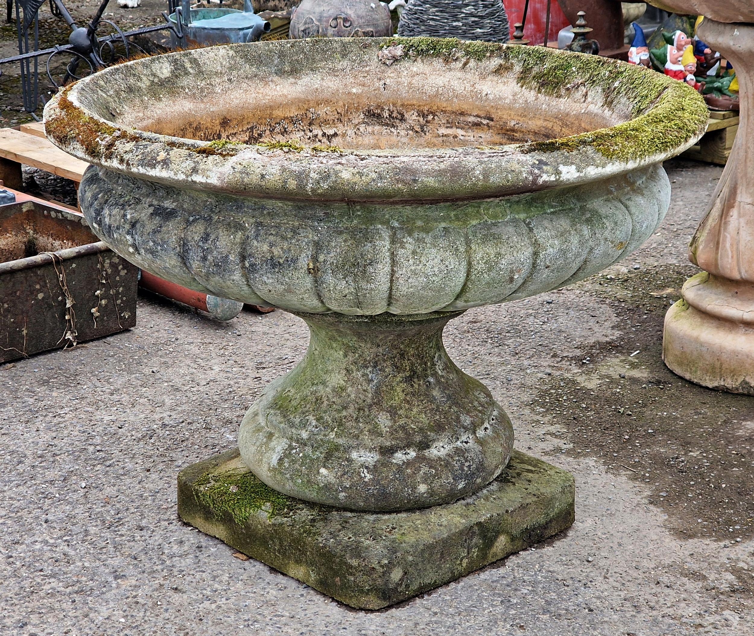 Large Impressive weathered reconstituted stone garden urn with lobed bowl and flared rim, H 70m x
