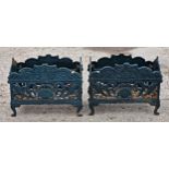 Pair of painted Victorian style cast iron plant stands with pierced scrolling detail, H 28cm x W