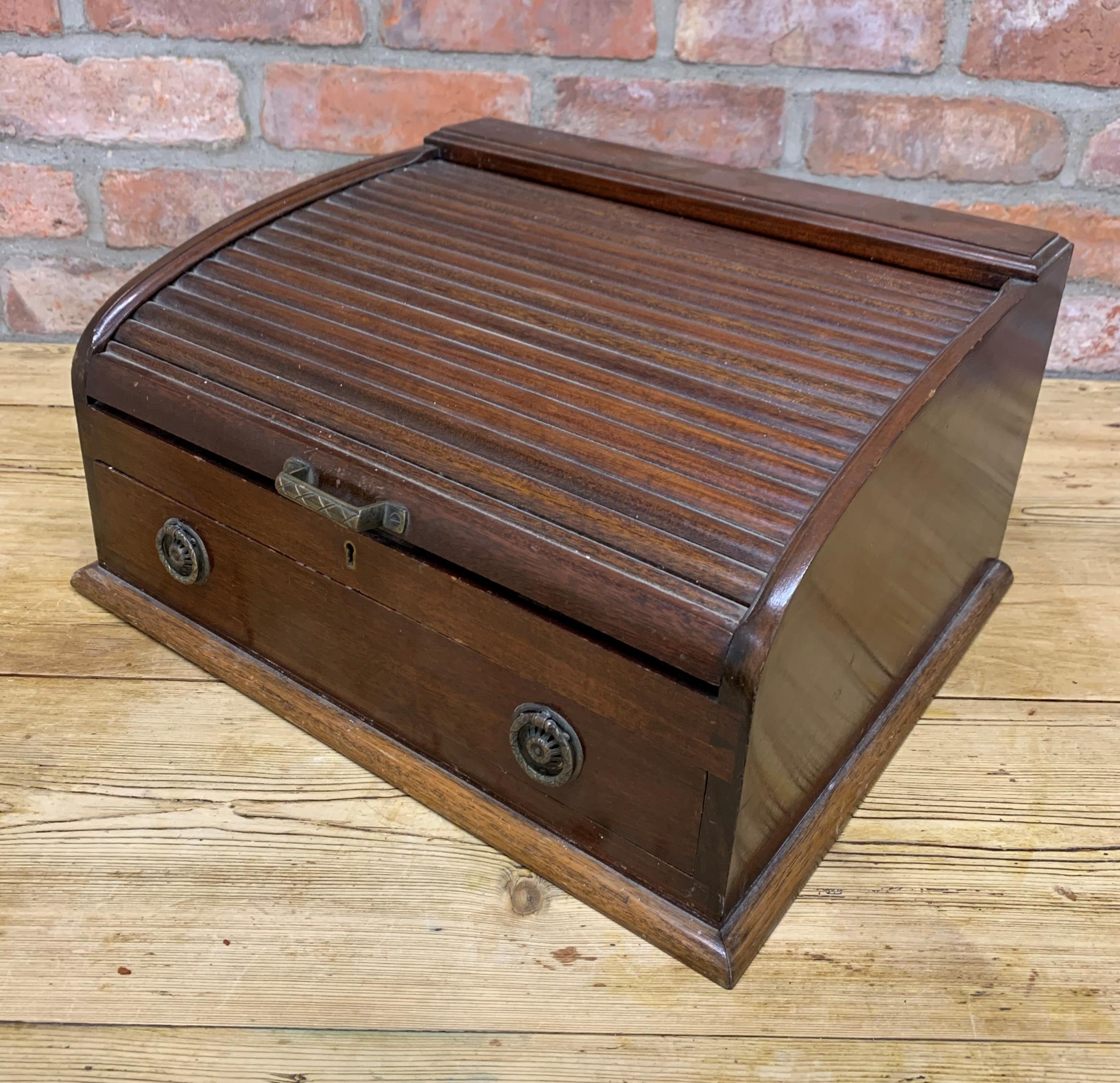 Early 20th century mahogany tambour canteen of silver plated cutlery, H 25cm x W 48cm