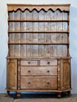 Victorian pine serpentine bow front dresser, the base fitted with two short over two long drawers, H