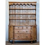 Victorian pine serpentine bow front dresser, the base fitted with two short over two long drawers, H