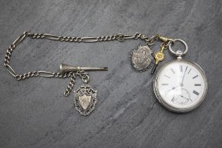 Good silver fusee pocket watch by William Harrison, in good order, with silver gate link albert with