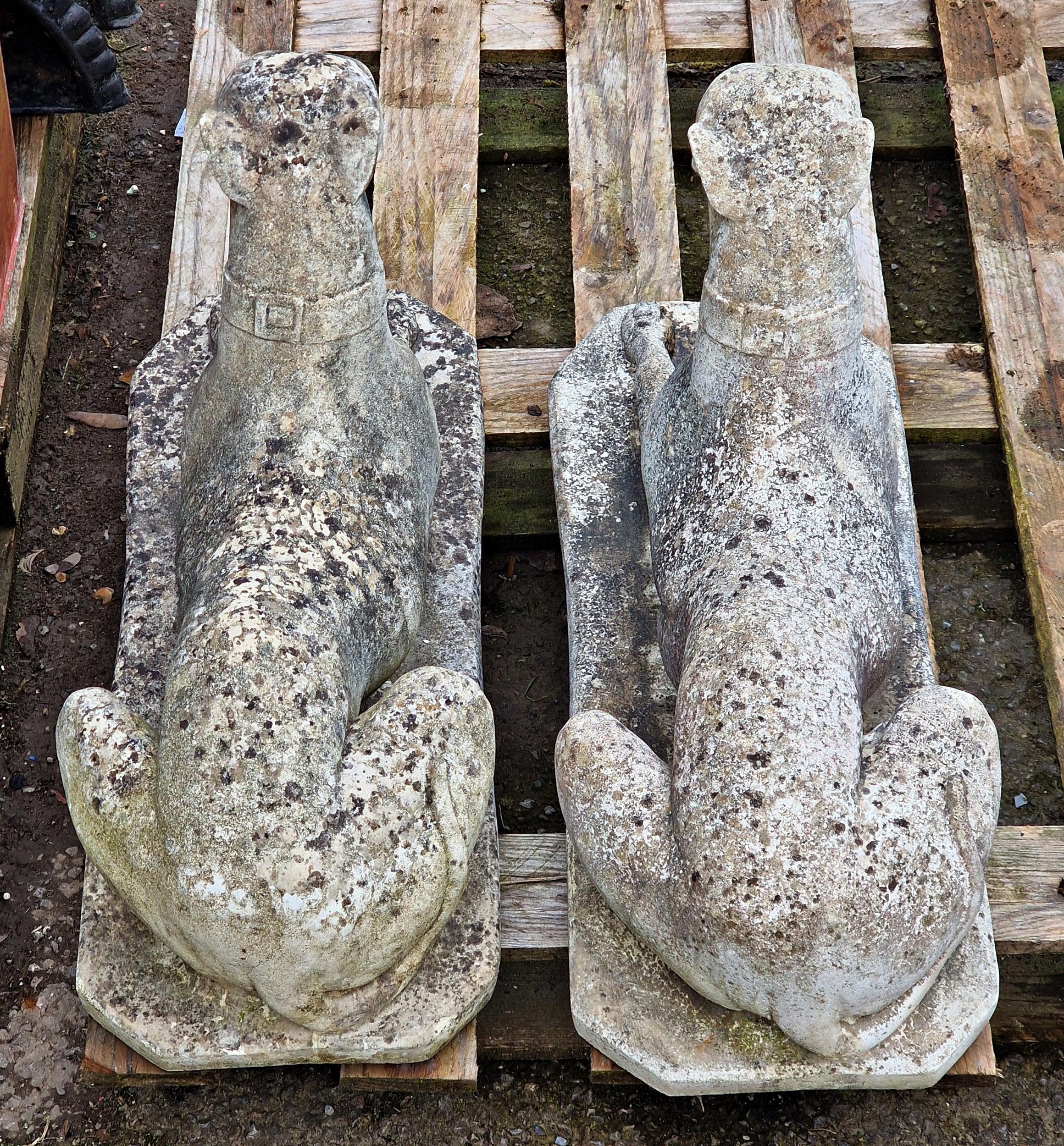A pair of weathered reconstituted stone garden ornaments of recumbent greyhounds, H 38cm x W 69cm - Image 3 of 3