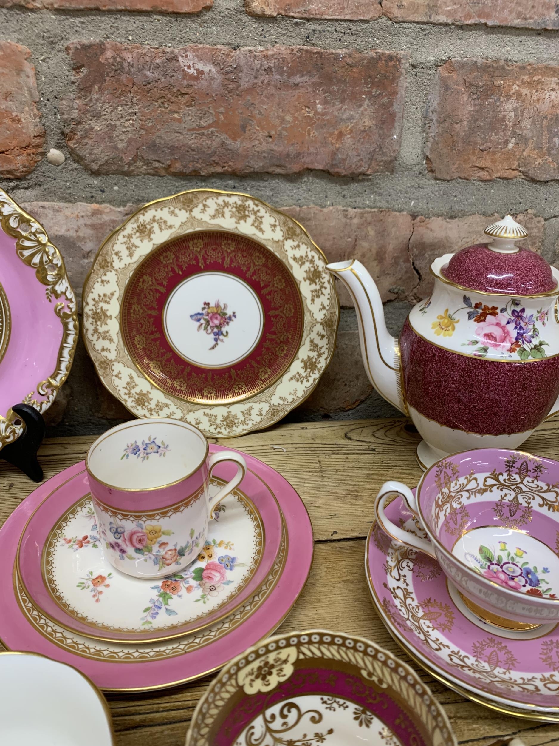 Assortment of antique hand painted pink floral themed cups, saucers, tea pot etc to include Royal - Image 3 of 4