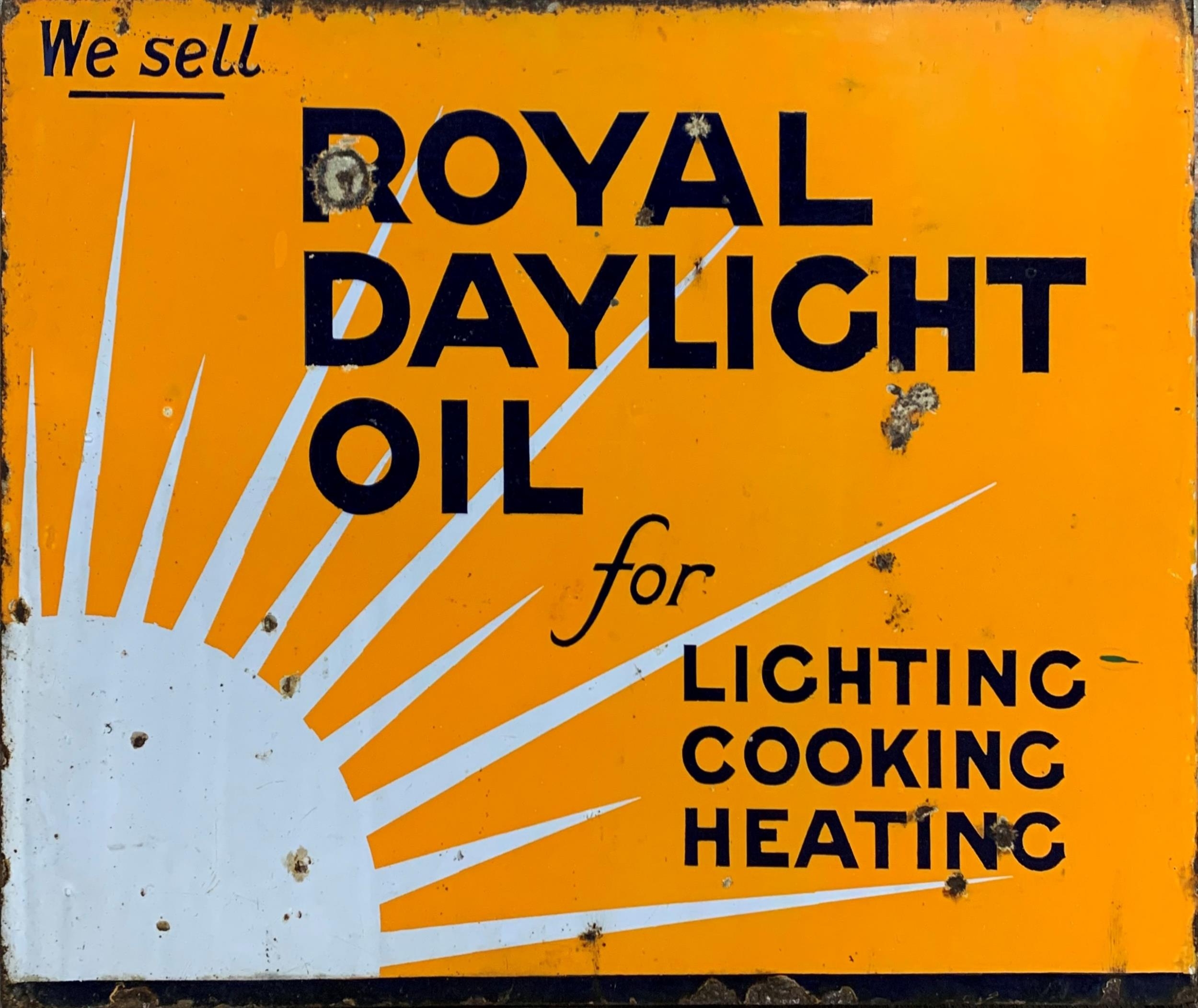 Double sided 'Royal Daylight Oil' orange and blue enamel advertising sign, 51cm x 41cm