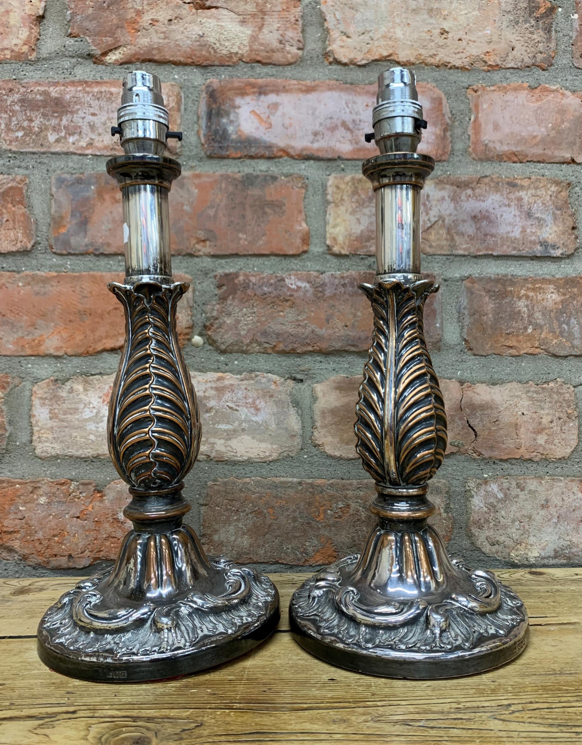 Good pair of converted old Sheffield plate table lamps, with acanthus leaf columns, 36cm high (2)