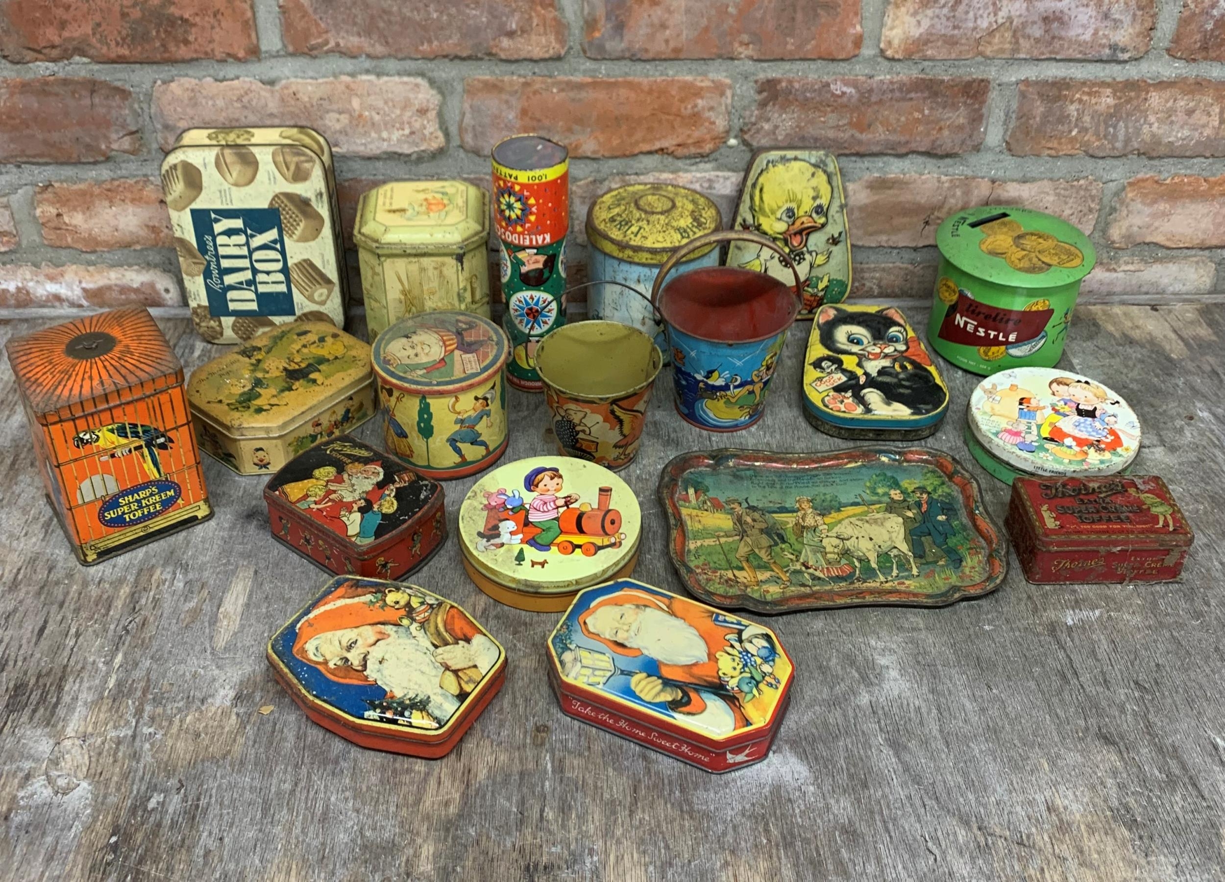 Quantity of childrens themed advertising tins to include rare Harvino Toffee example (17)