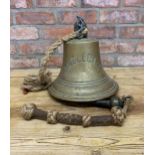 Very large brass maritime ships bell, 'RFA Dingledale', with original rope clad clanger, H 33cm x