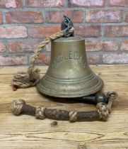 Very large brass maritime ships bell, 'RFA Dingledale', with original rope clad clanger, H 33cm x