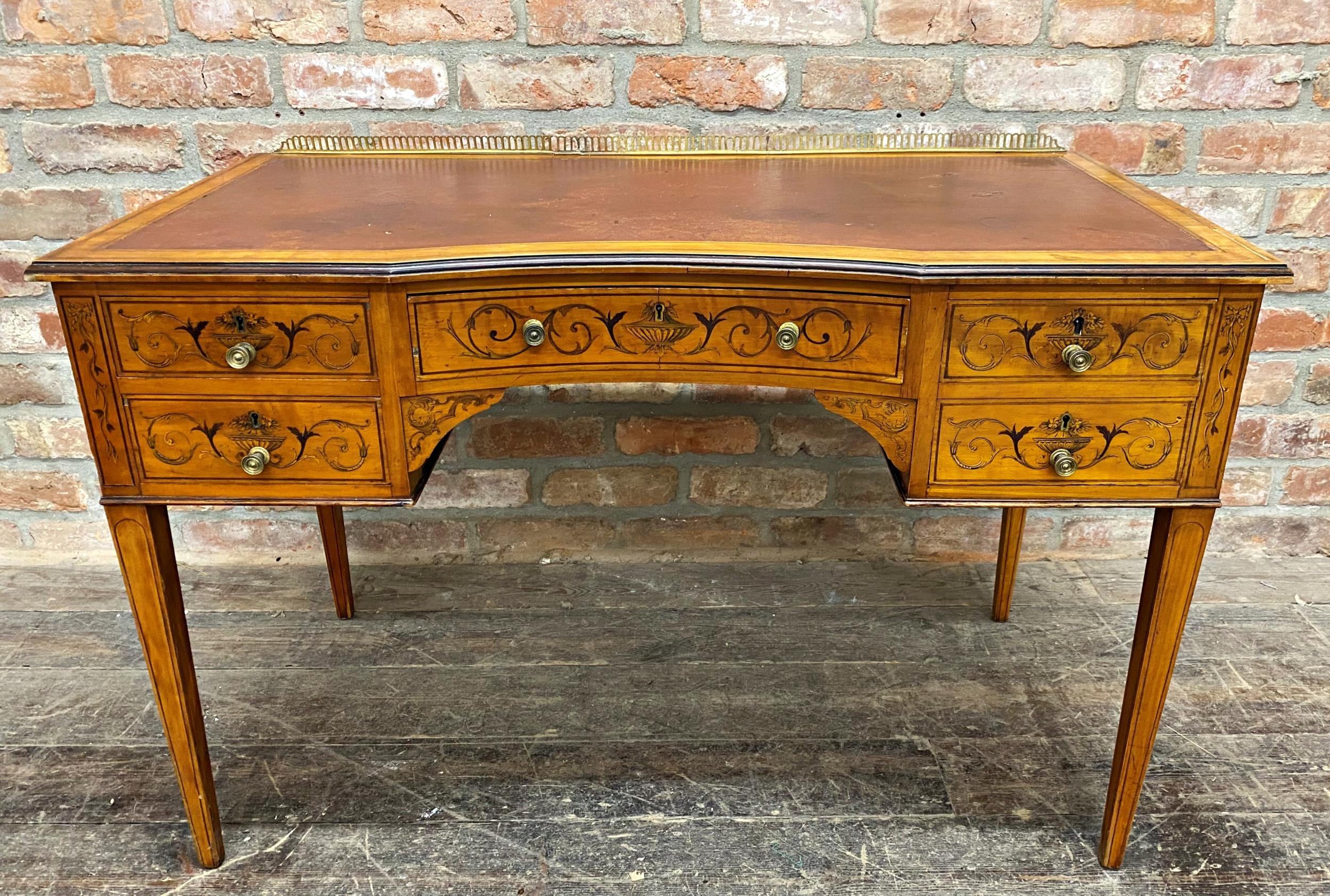 Edwardian Sheraton style satinwood reverse bow front desk or writing table, raised darted brass - Image 3 of 5