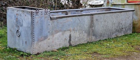 Good large galvanised steel trough with rivetted seams and ring handles, H 60cm x W 242cm x D 64cm