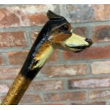 Hand carved wooden Foxhound dog head walking stick with brown glass eyes, probably produced by Brigg