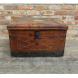 Antique leather bound trunk with metal banding, paper label signed 'Brigadier A. J. Farfan' and twin