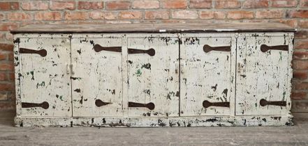 Vintage rustic distressed painted pine sideboard with iron hinges and metal cladded top, H 78cm x