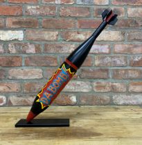 Decommissioned military mortar mounted on base with carnival themed 'Da Bomb' hand painted finish, H