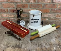 Mixed assortment of vintage kitchen ware to include enamel Armour's Ox Tongue Holder, over