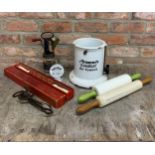 Mixed assortment of vintage kitchen ware to include enamel Armour's Ox Tongue Holder, over