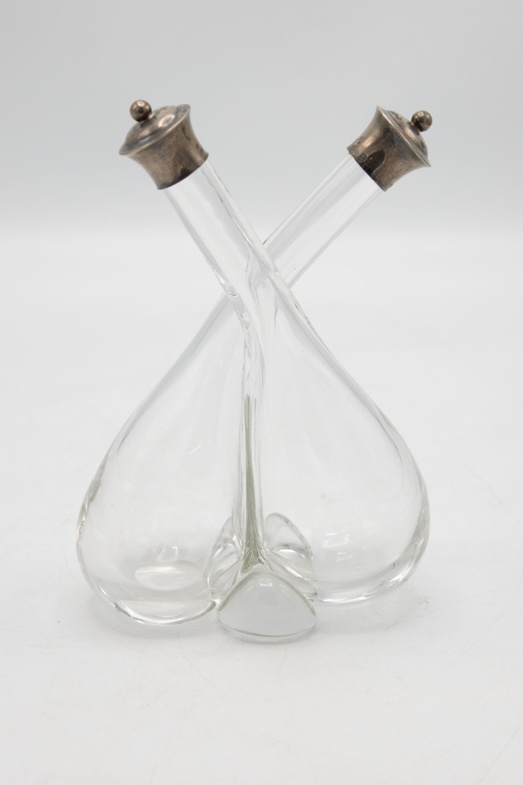 Victorian hand blown oil and vinegar bottle with silver top, maker mark rubbed, Birmingham 1881, H