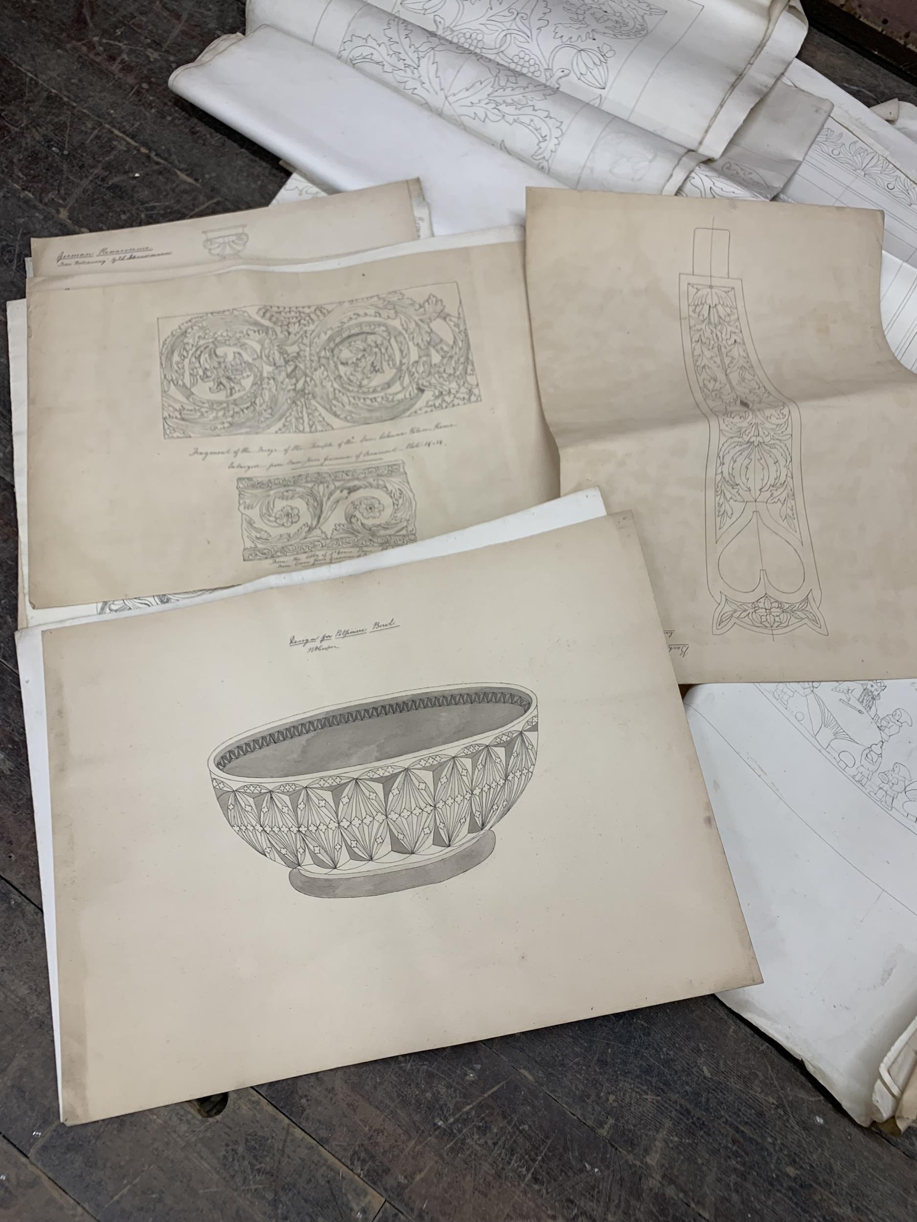 Large collection of original Arts & Crafts sketch drawings of furniture and panel designs, held in - Image 5 of 6