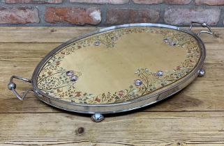 Stylish late 19th century twin handled tray, fitted with a period floral silkwork panel under glass,