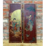 Pair of decorative Chinese lacquered panels, with Geisha girls and gilt highlights, 92 x 30cm (2)