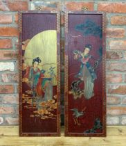 Pair of decorative Chinese lacquered panels, with Geisha girls and gilt highlights, 92 x 30cm (2)