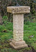 Reconstituted stone simulated brick work sun dial, H 88cm x W 35cm x D 35cm