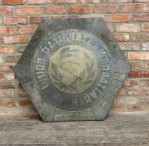 Large French 'Union Nationale Des Combattants' tin sign mounted on wooden board, the group was a