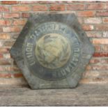 Large French 'Union Nationale Des Combattants' tin sign mounted on wooden board, the group was a