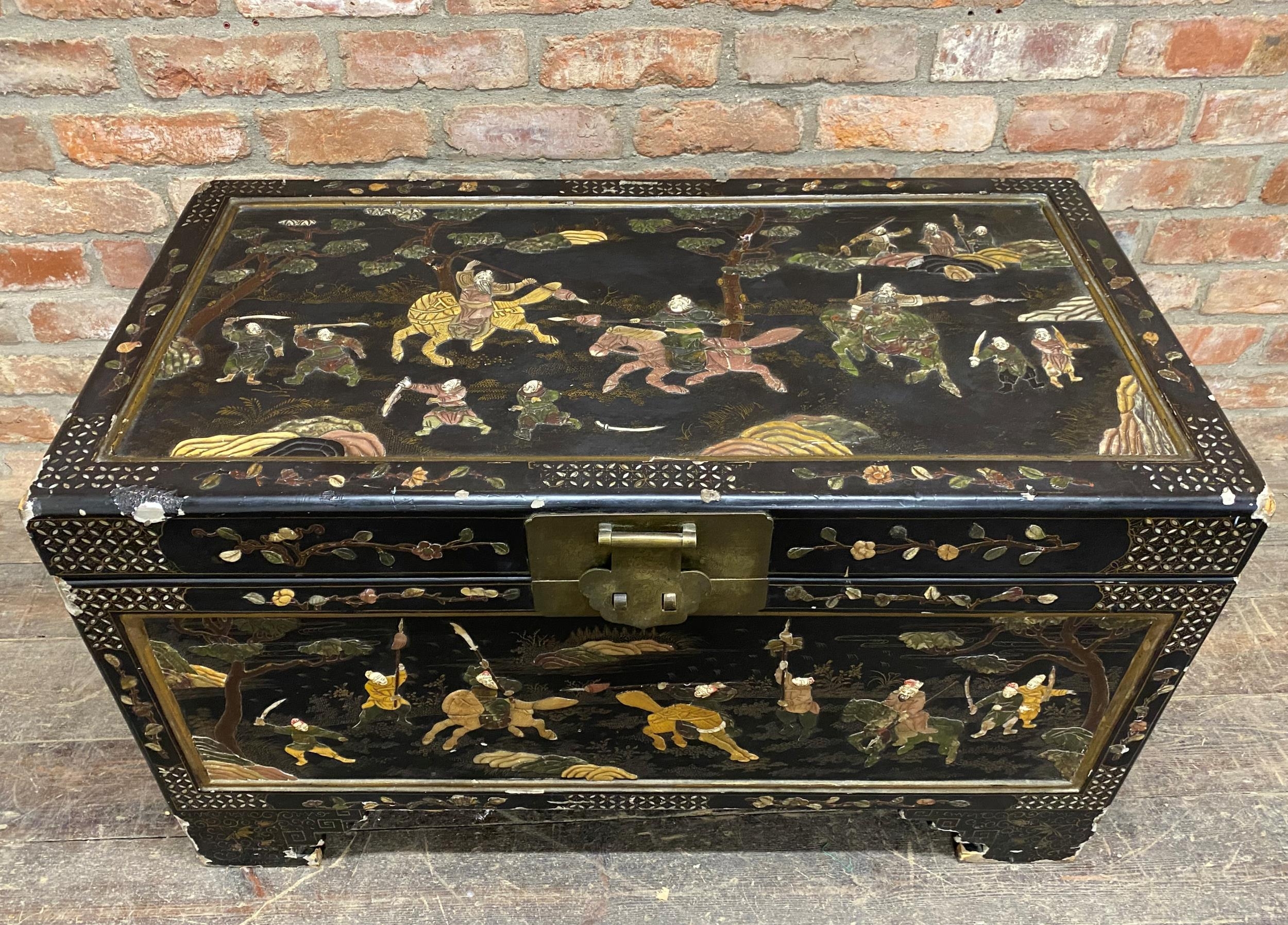 Impressive Chinese camphorwood lacquered specimen inlaid trunk decorated with a hardstone and bone - Image 2 of 6