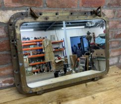 Impressive vintage warships brass port hole mirror, 75cm x 55cm