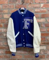 Vintage Delong Sportswear blue and white varsity jacket, size 46