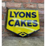 Lyons Cakes blue and yellow double sided enamel advertising sign, W 44cm x H 40cm