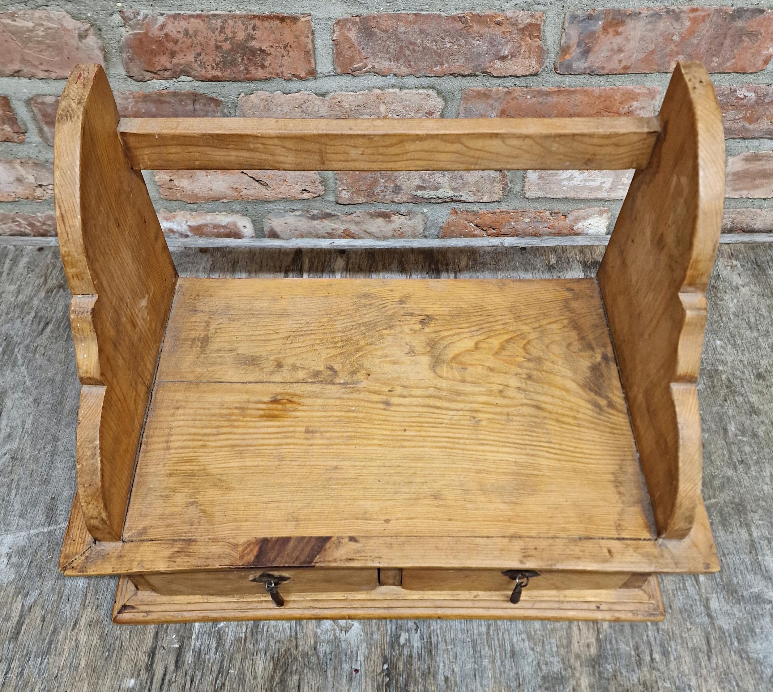 Antique pine wall hanging spice rack/kitchen shelf with two drawers and wrought iron handles, H 39cm - Image 3 of 3