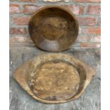 Two large hand carved primitive rustic wooden serving bowls, Largest D 58cm (2)