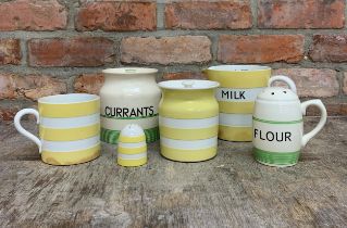 Quantity of T.G Green Cornish Ware yellow and green banded kitchen ceramics to include cannisters,