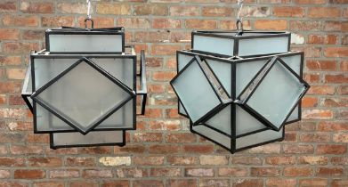 Exceptional pair of Period Art Deco iron framed pendant or ceiling lights with frosted glass panels,