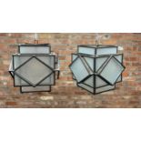 Exceptional pair of Period Art Deco iron framed pendant or ceiling lights with frosted glass panels,