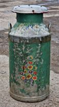 Vintage galvanised steel milk churn with painted floral decoration, Stamped 'Horlicks Dairies' to