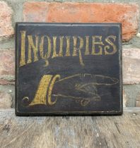 French wooden pokerwork 'Inquiries' sign, 18cm x 20cm