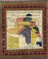 Rare 1930’s prisoners rug depicting the provinces of Iraq, an exceptional hand stitched wool rug
