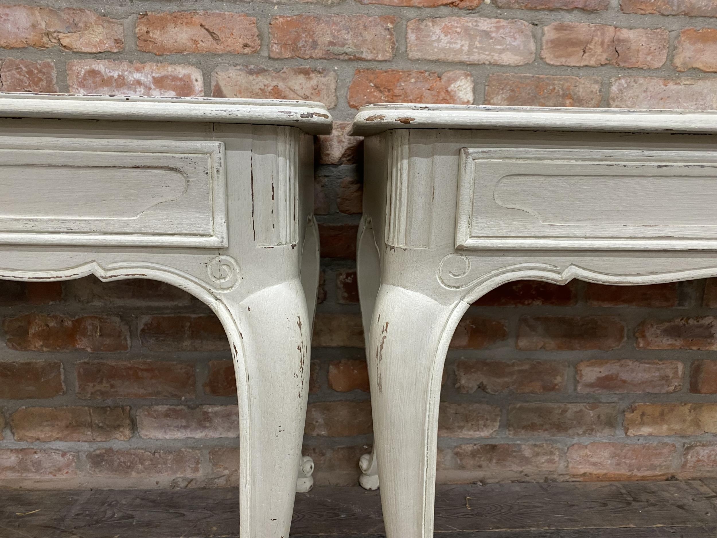 Pair of antique French painted console tables, fitted with a single drawer on cabriole legs, H - Image 4 of 4