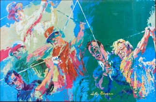 LeRoy Neiman (American 1921-2012) - Golfers at Augusta, colour print, 48 x 80cm, framed