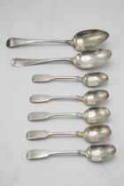 Collection of five silver teapoons and two table spoons, one London 1750 by Philip Roker, 7.5oz