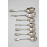 Collection of five silver teapoons and two table spoons, one London 1750 by Philip Roker, 7.5oz