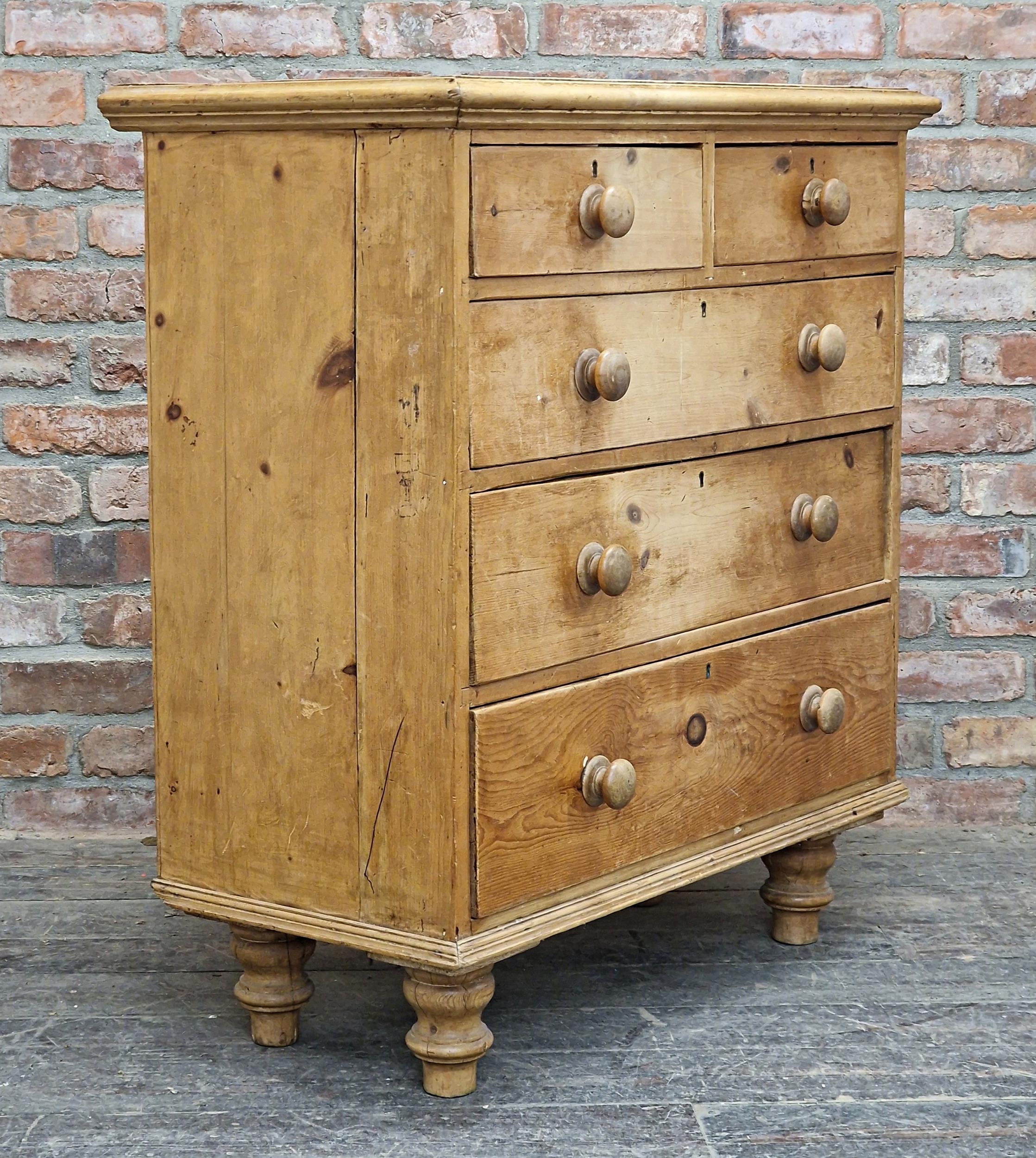 Victorian stripped pine chest of two short over three long drawers with turned wooden handles and - Image 2 of 4