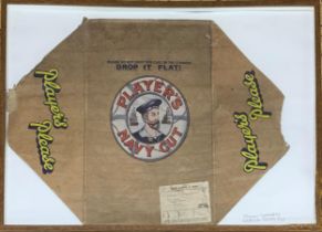 Framed vintage Players Navy Cut cardboard box, 93cm x 63cm