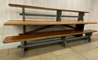Good Arts and Crafts type pitch pine refectory table with arched stretcher, H 74cm x W 302cm x D